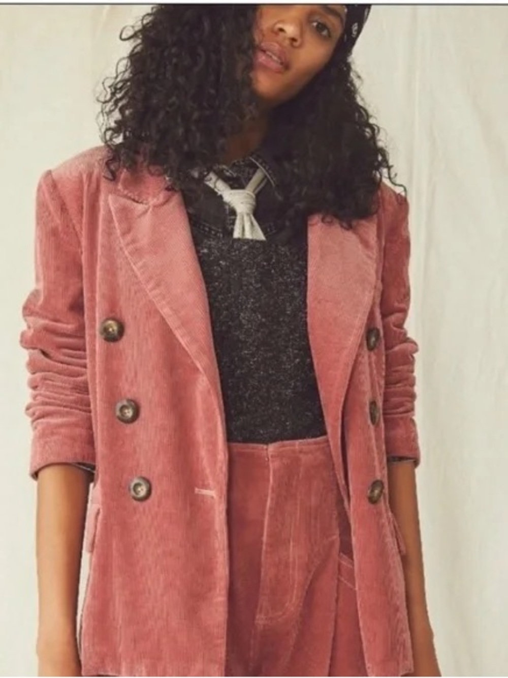 Free People Double-Breasted Corduroy Blazer in Rose Pink
